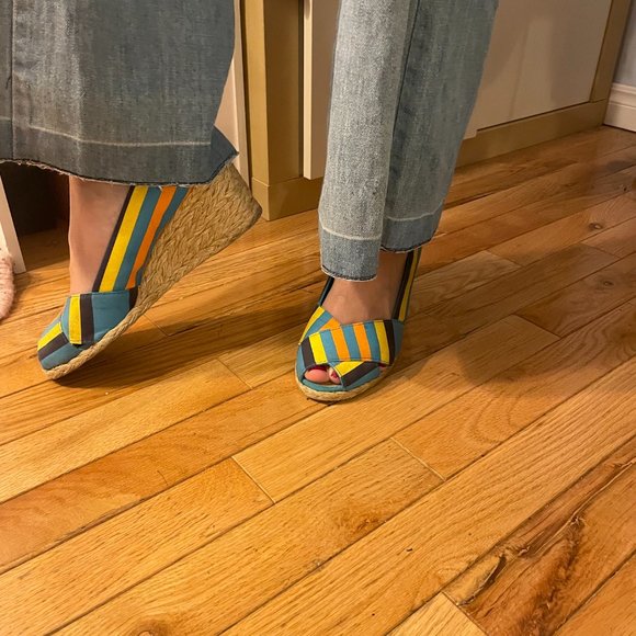 1970s style Y2K ralph lauren striped peep toe wedges! - Picture 11 of 14